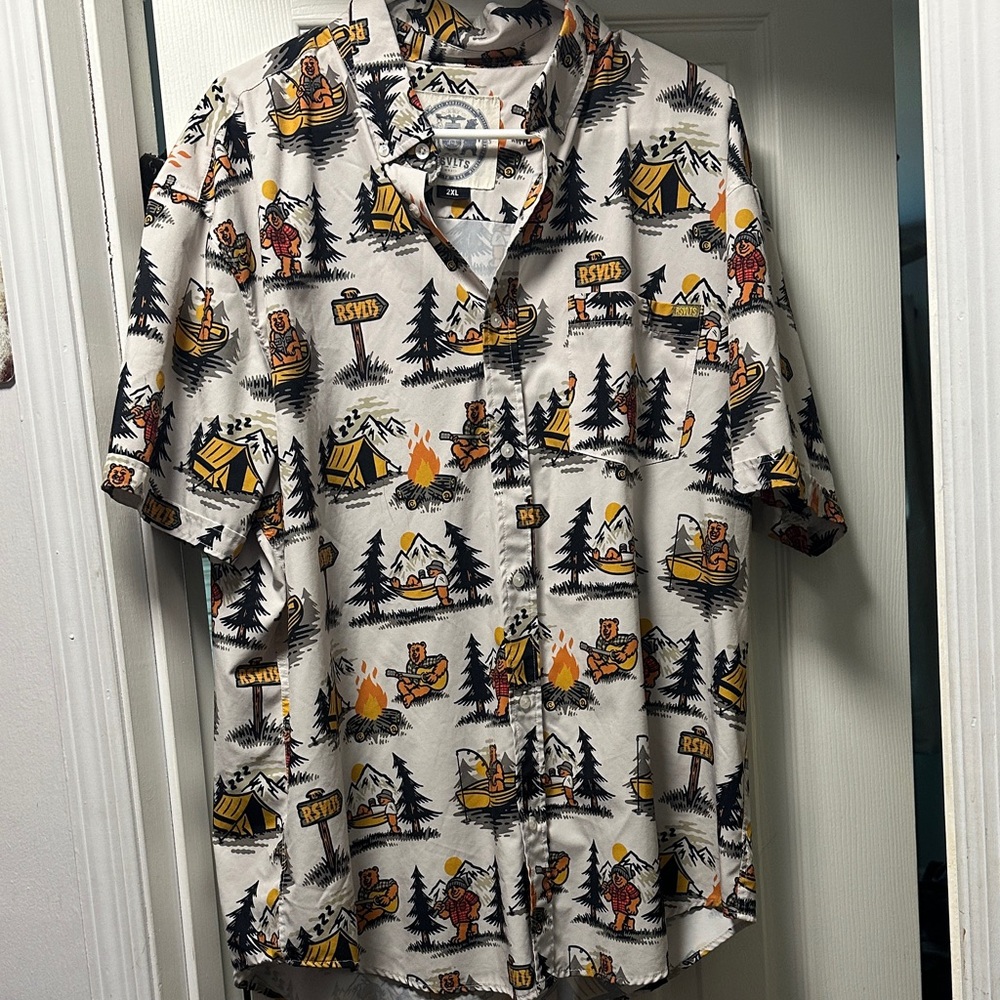 RSVLTS Men's Casual Button Down Shirt - White with Black and Yellow Print
